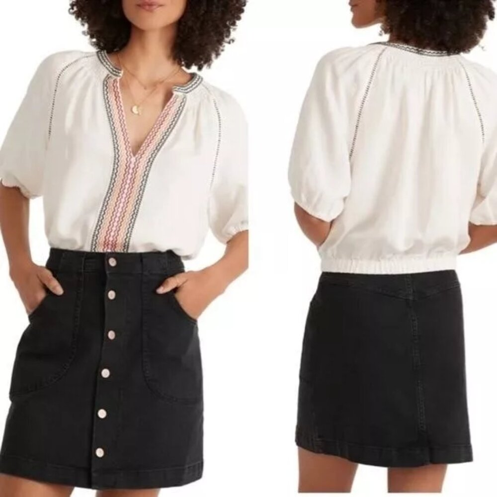 Marine Layer Women Linen Archive Bea Split Neck Cropped Peasant Top Shirt Size M